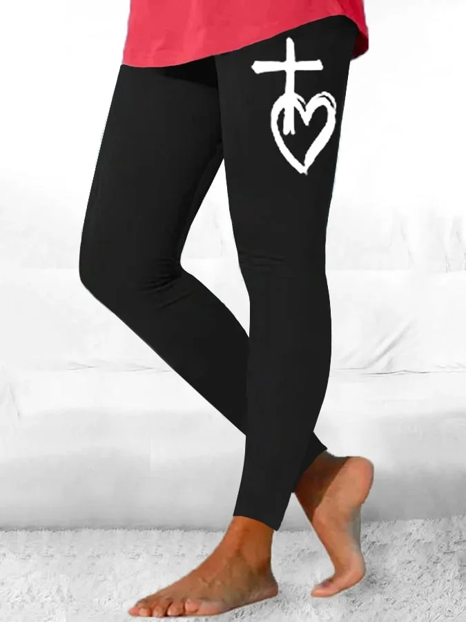 Women's Cross Faith Heart Print Leggings socialshop