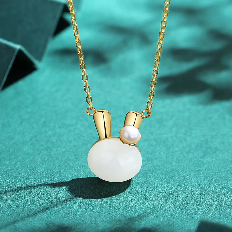 Adorable Rabbit 18K Gold and Hetian Jade Pendant Necklace for Women with S925 Sterling Silver Chain - A Unique and Elegant Court Style Design