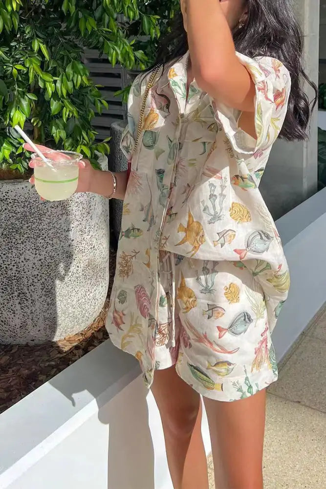 Casual Vacation Print Animal Pocket Turndown Collar Short Sleeve Two Pieces Apricot / S