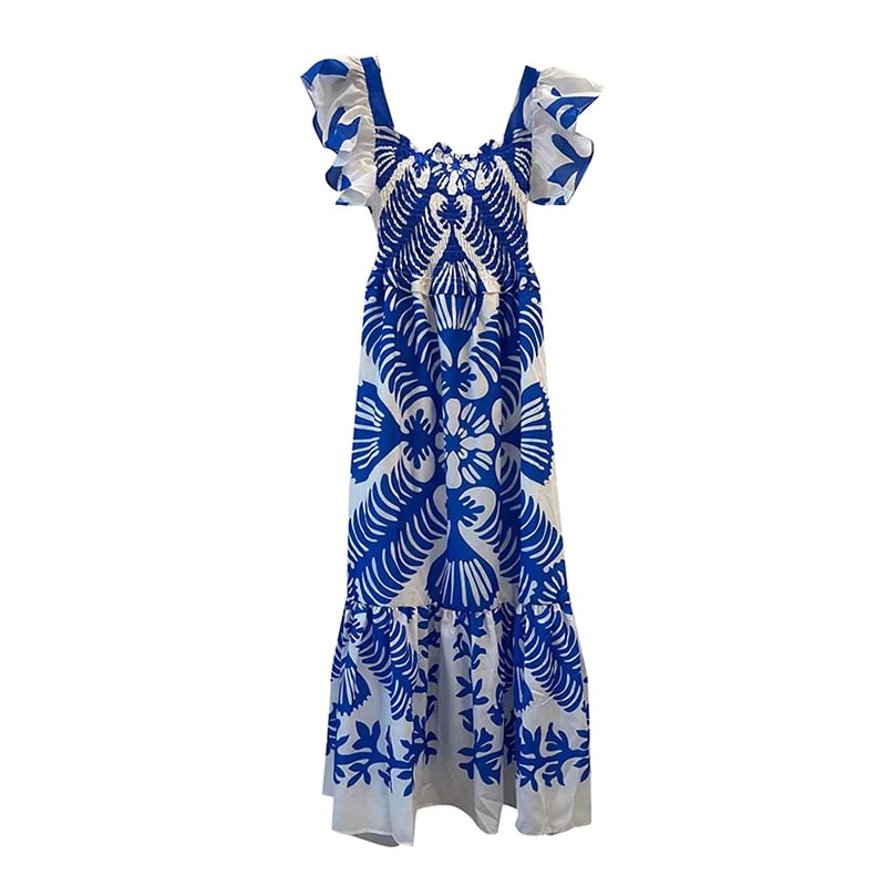 Toloer Vintage Blue Print Dress For Women Square Collar Short Sleeve High Waist Slim Maxi Dresses Female 2021 Summer Style