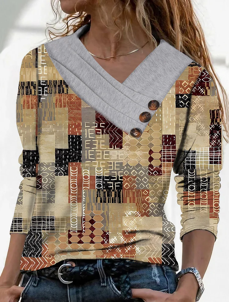 Women's Vintage Geo Print V-Neck Casual Long Sleeve T-Shirt
