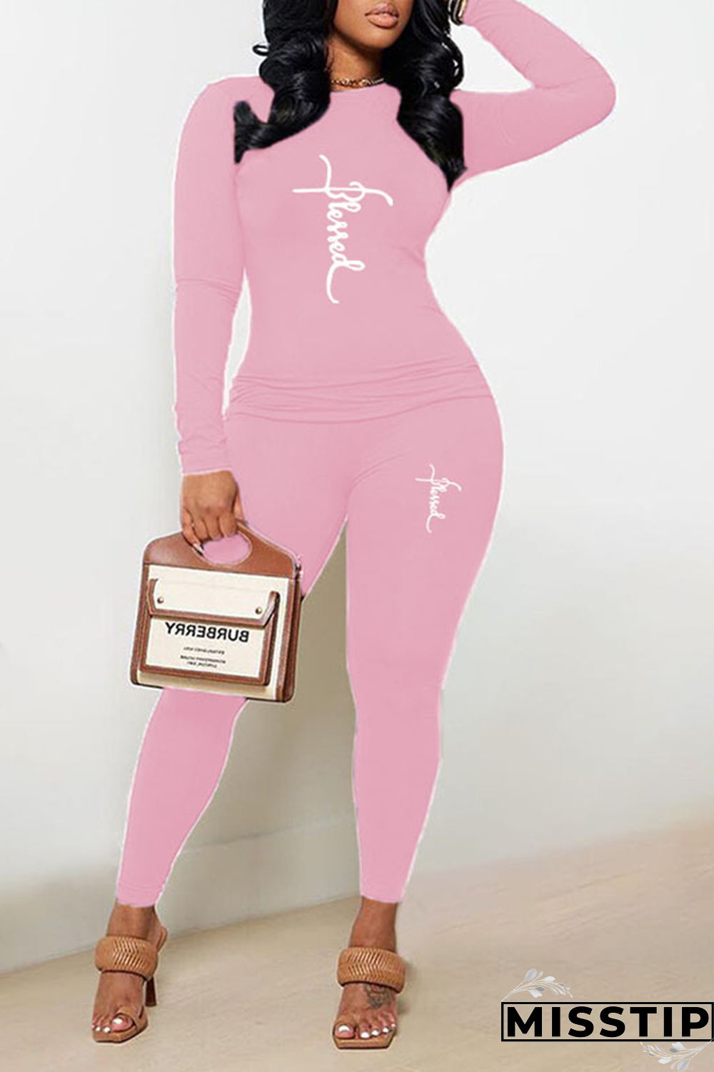 Black Street Print Patchwork O Neck Long Sleeve Two Pieces