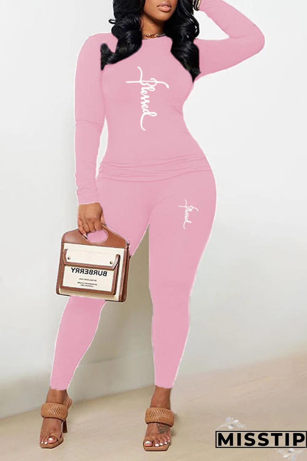 Black Street Print Patchwork O Neck Long Sleeve Two Pieces