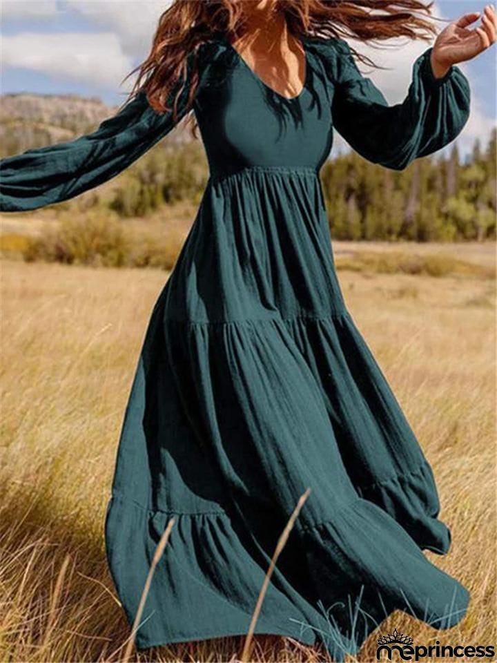 Stylish V Neck Long Sleeve Elastic Cuff Pleated Maxi Dress