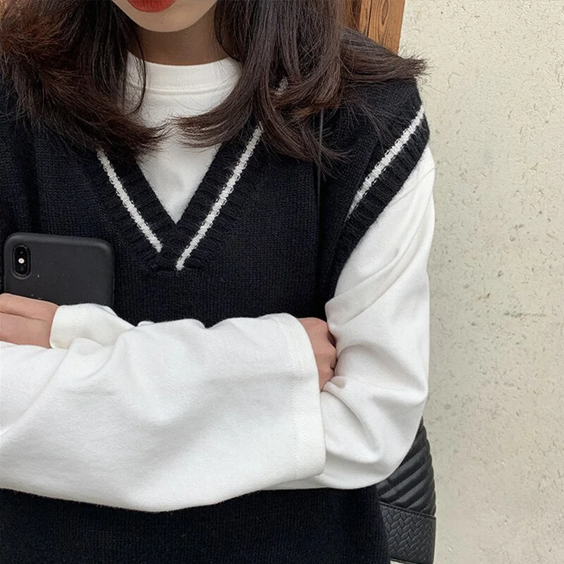 Sweater Woman Vest Simple Knitted Sweater All-Match Top Korean Style V Neck Leisure Student Sleeveless Girl Vintage Streetwear