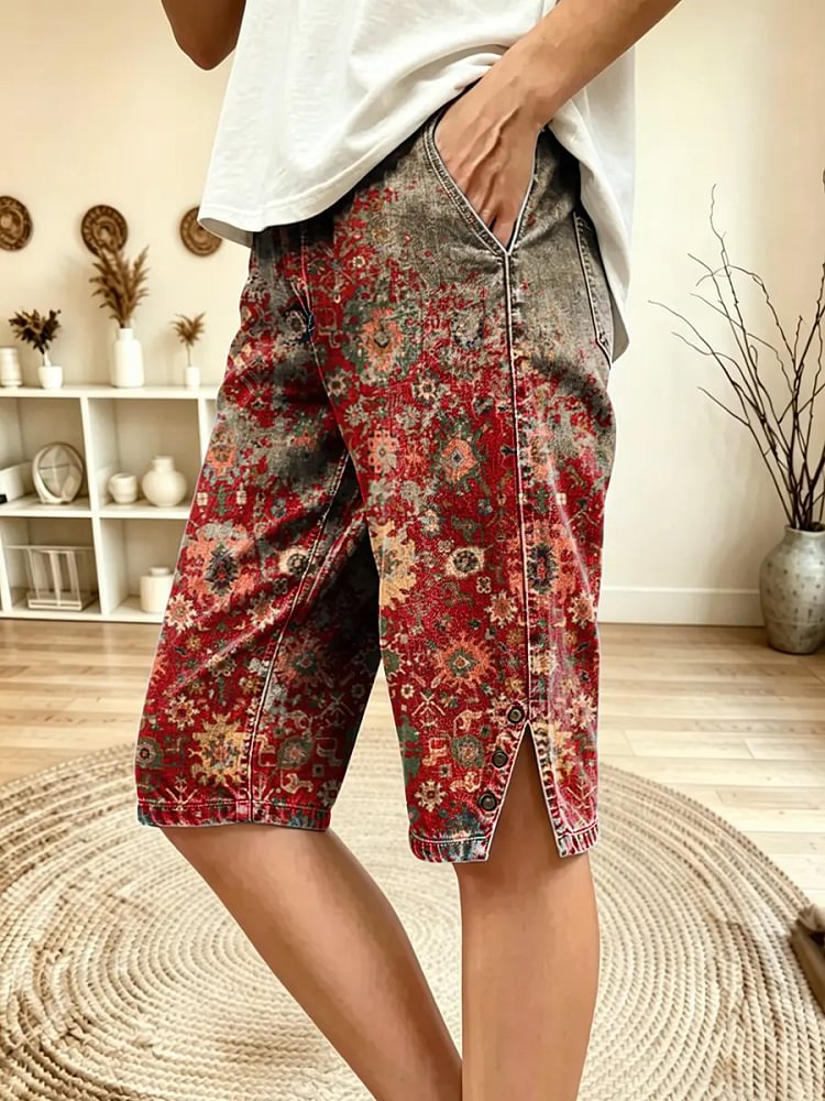 Women's Vintage Ethnic Print Denim Bermuda Shorts