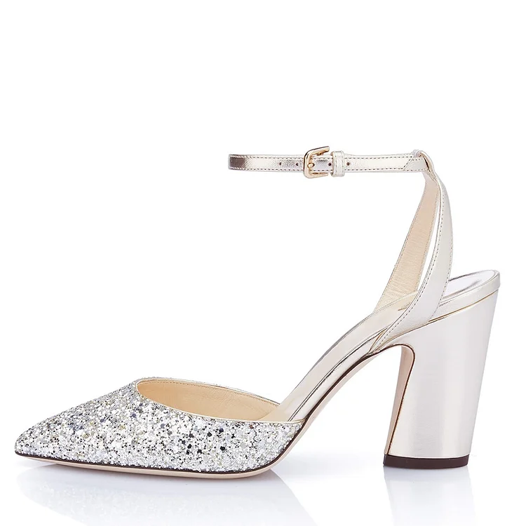 Silver Glitter Chunky Heel Ankle Strap Sandals Vdcoo