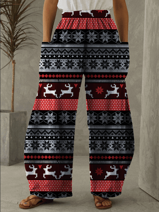 Christmas Striped Elk Print Casual Loose Pants