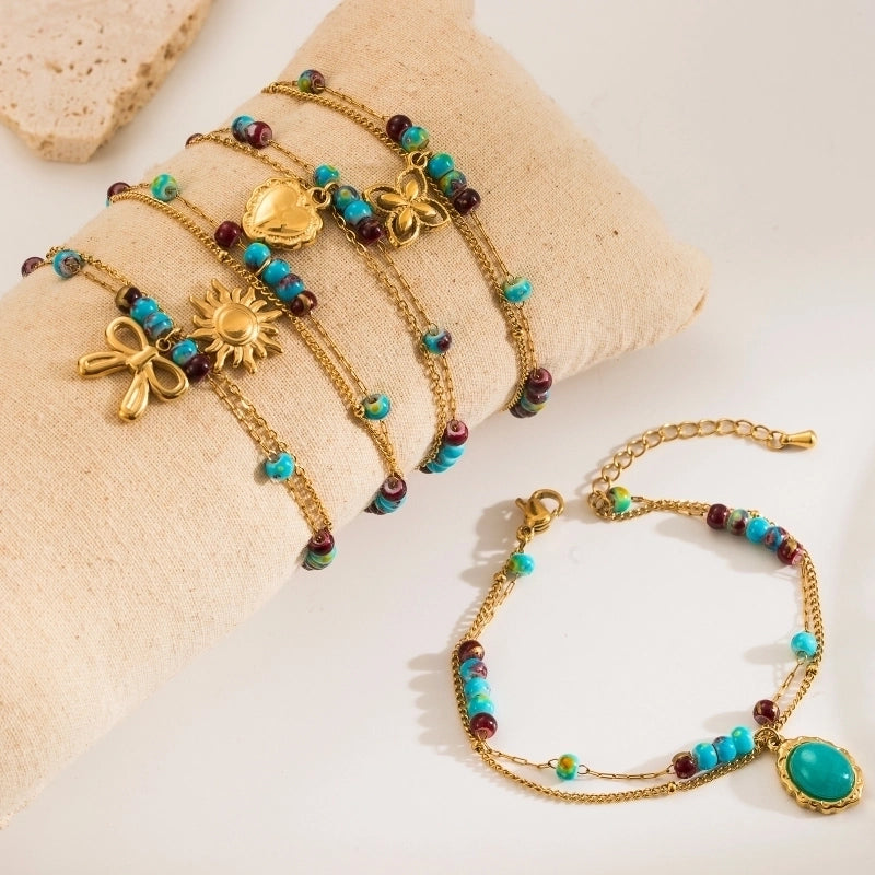 Retro Classic Style Commute Four Leaf Clover Sun Bow Knot 304 Stainless Steel Acrylic Zircon Bracelets In Bulk