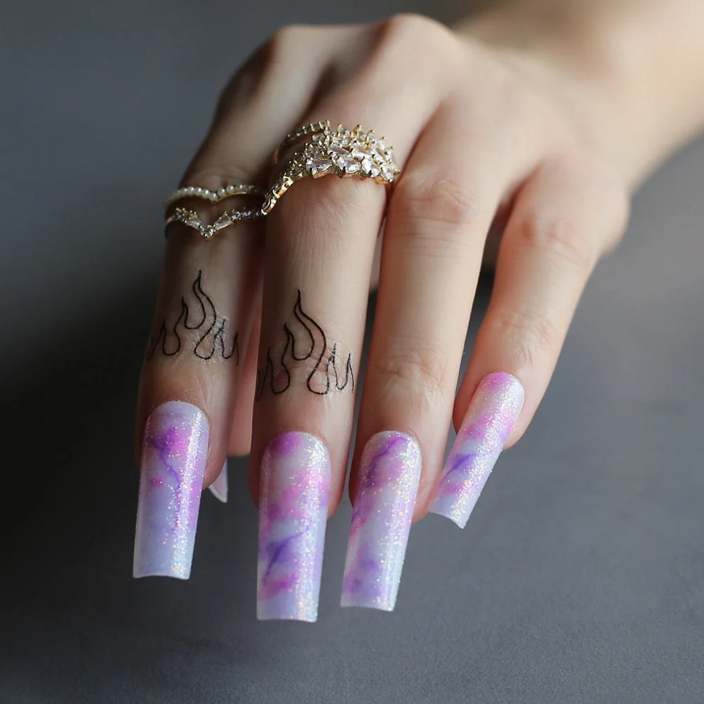 Pink Glitter Extra long rectangular false nails Violet ombre High quality gel reusable Fake nails Home salon nails Lengthen-Nail Inspo