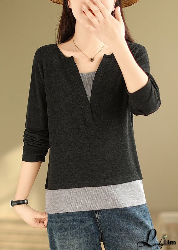 Black Patchwork Versatile Cotton T Shirts V Neck False Two Pieces Fall