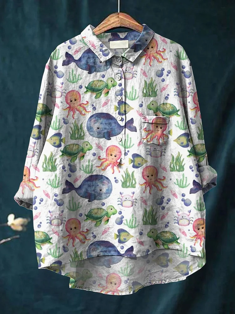 Women's Ocean Art Print Casual Cotton And Linen Shirt