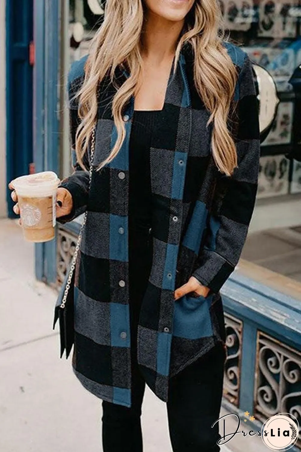 Casual Mid Length Plaid Print Coat