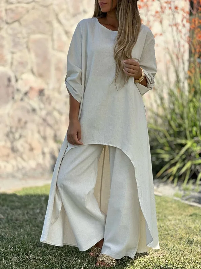 Women's Loose Casual Shirt And Trousers Cotton And Linen Two-Piece Suit