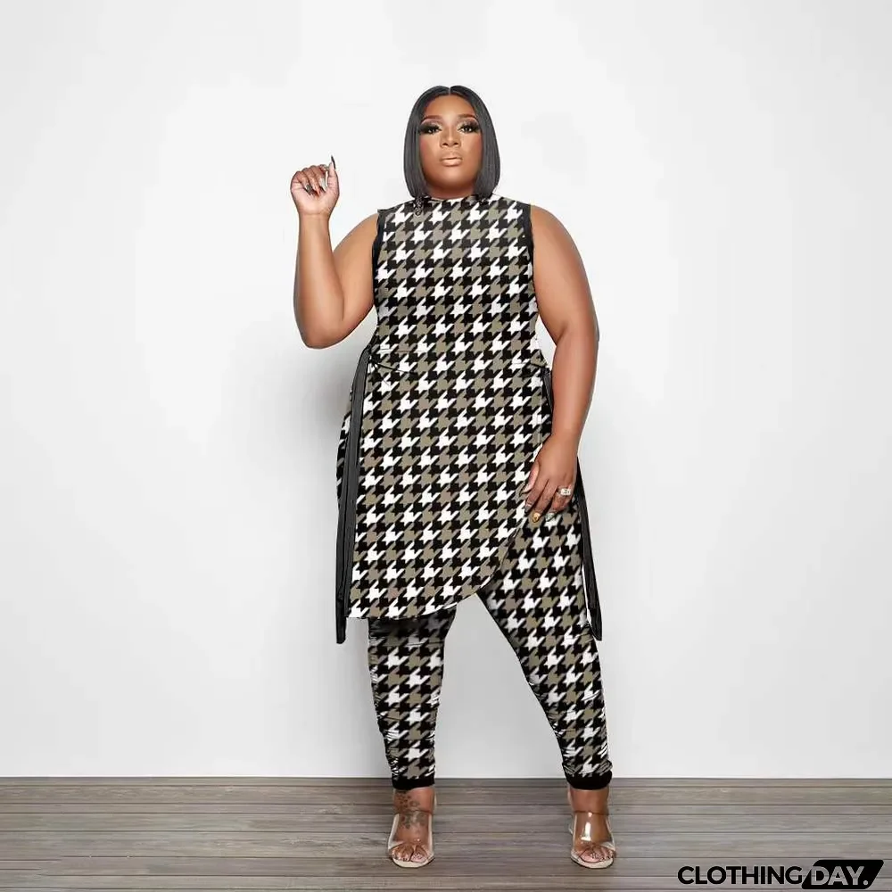 Plus Size Printed Split Sleeveless Top And Pants Set