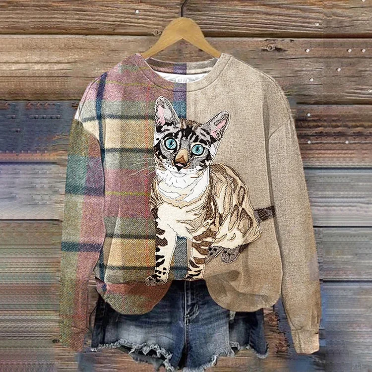Comstylish Women's Cute Cat Plaid Print Sweatshirt