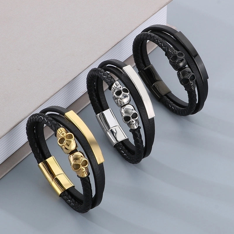 Business Skull 304 Stainless Steel Leather Layered Plating 18K Gold Plated Halloween Men's Bangle