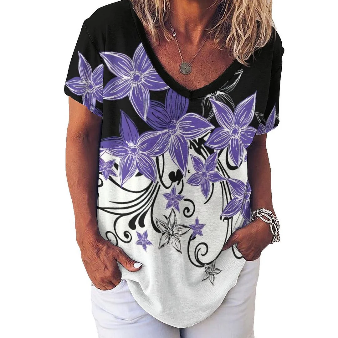 V-neck Short Sleeve Casual T-shirt for  Women Printed with Pattern Floral, Black, Purple