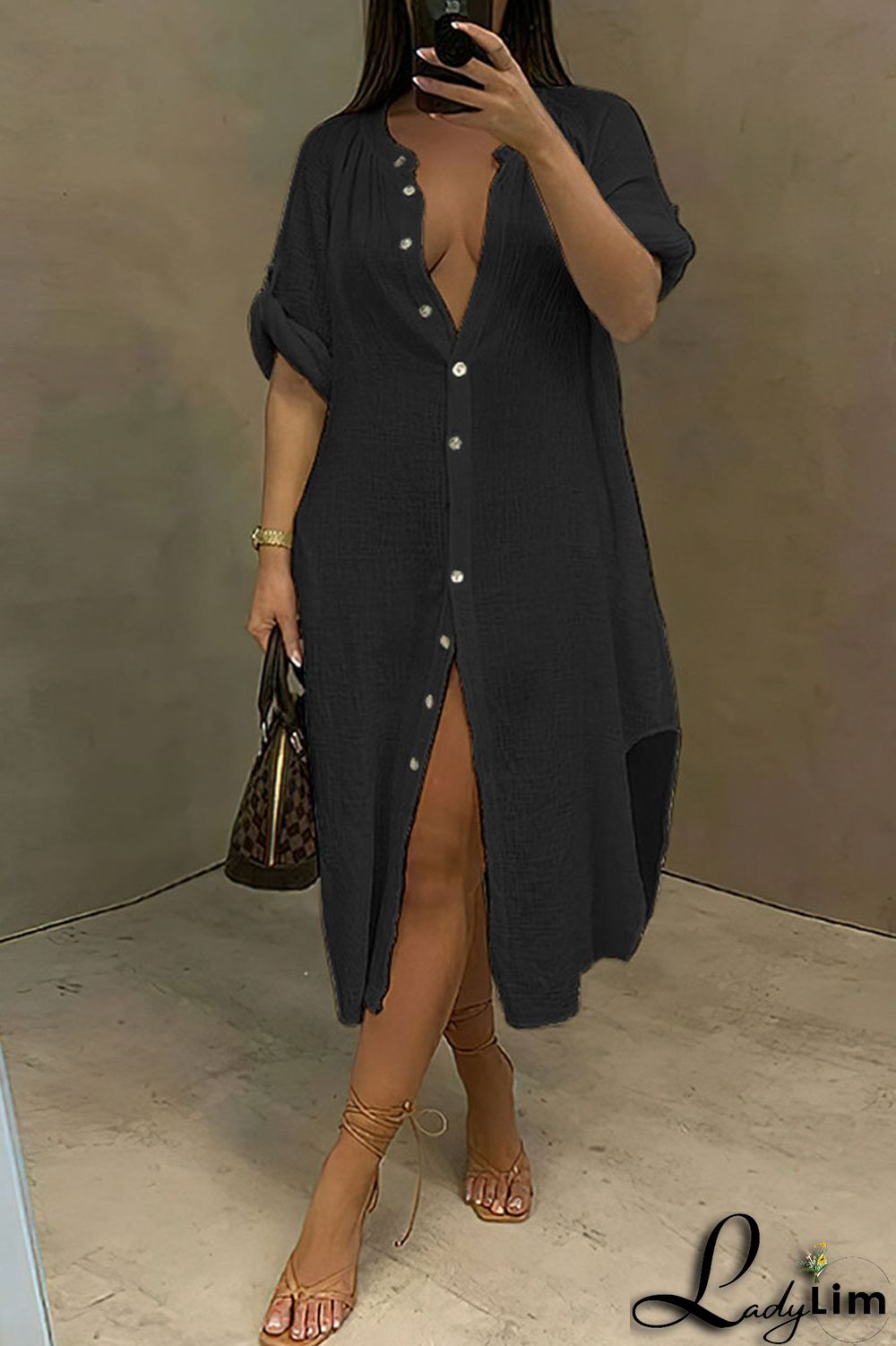 White Casual Solid Split Joint Buckle Asymmetrical Shirt Dress Dresses