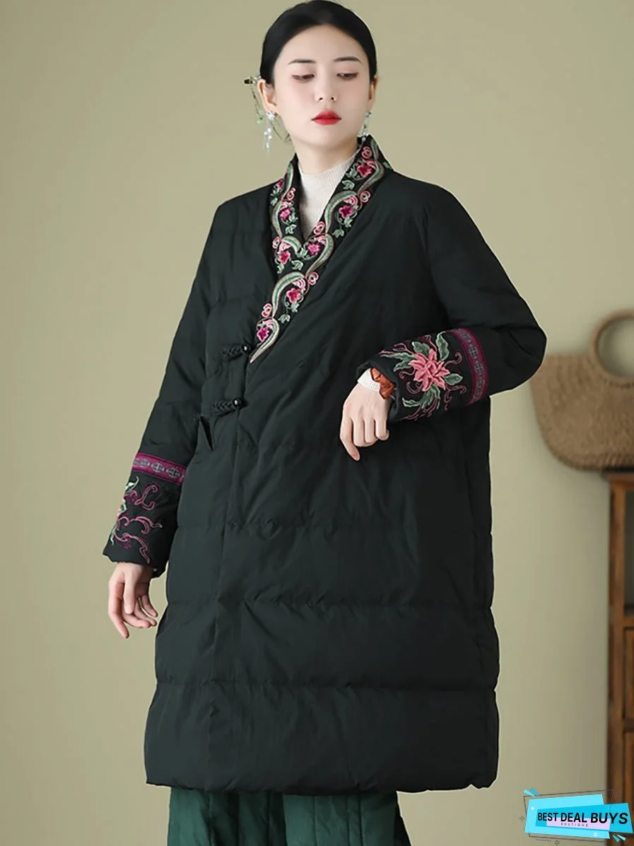 Women Winter Ethnic Embroidery Long Down Coat