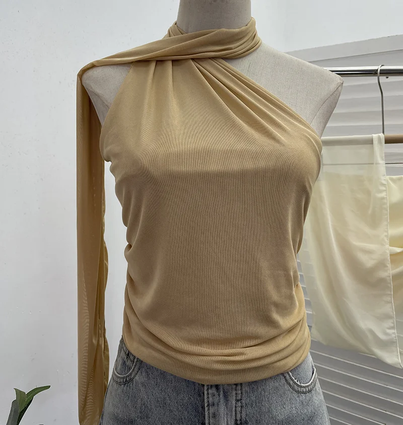 Churchf Real Shooting Mesh Ribbon Hanging Neck Folded Sleeveless Top Babes Two-Wearing Design Wrapping Bras 1125