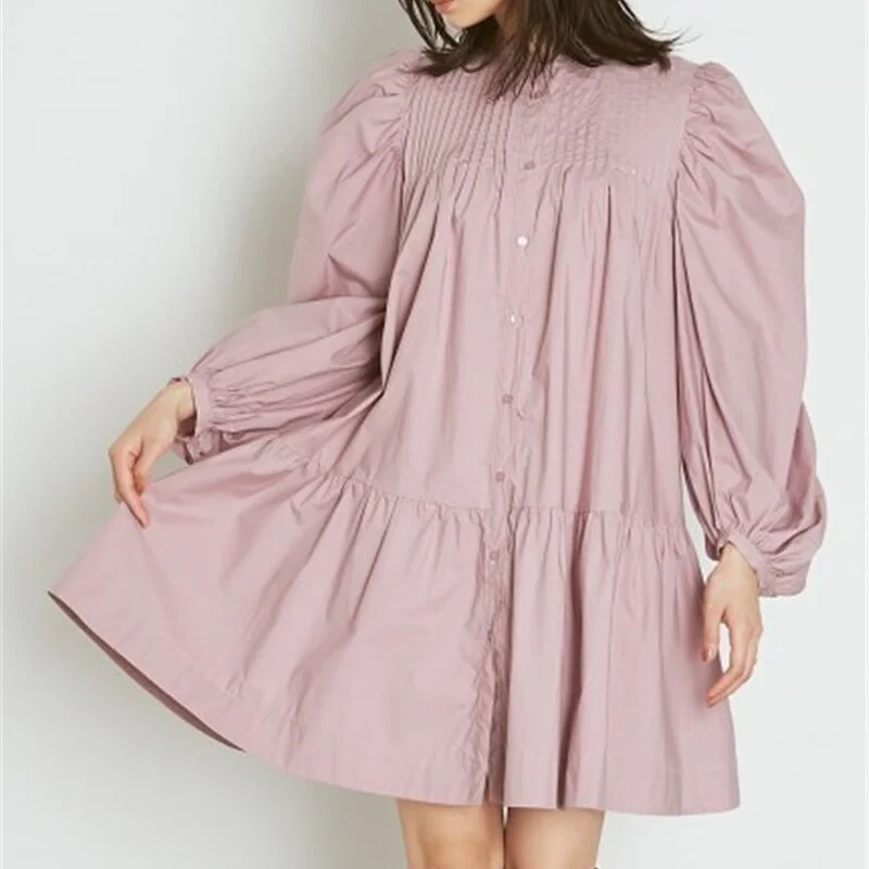 Christmas Gift Kuzuwata Fresh Sweet Single Breasted Women Dress 2021 Spring New Japan Style Puff Long Sleeve Vestidos O Neck Shirts Dresses
