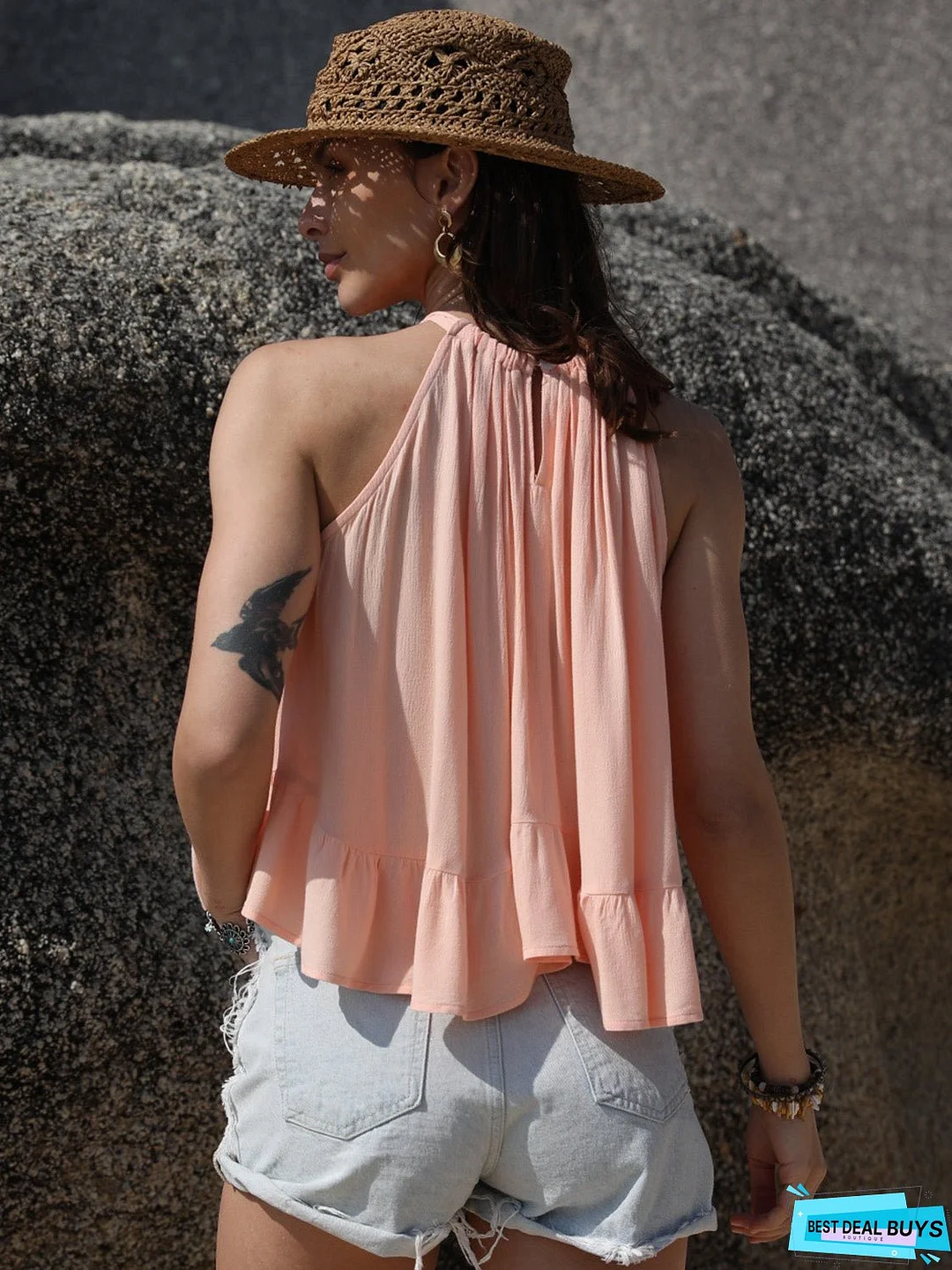 Ruched Peplum Round Neck Tank