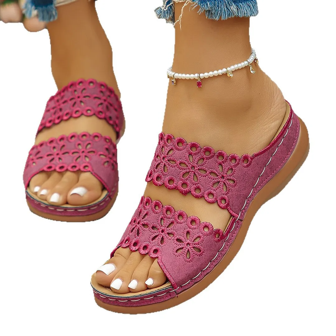 Breakj Breakj Hollow Flowers One-Word Slippers Women In The Summer Of 2025 New Leisure Thick Bottom Slope And Cold Slippers Women