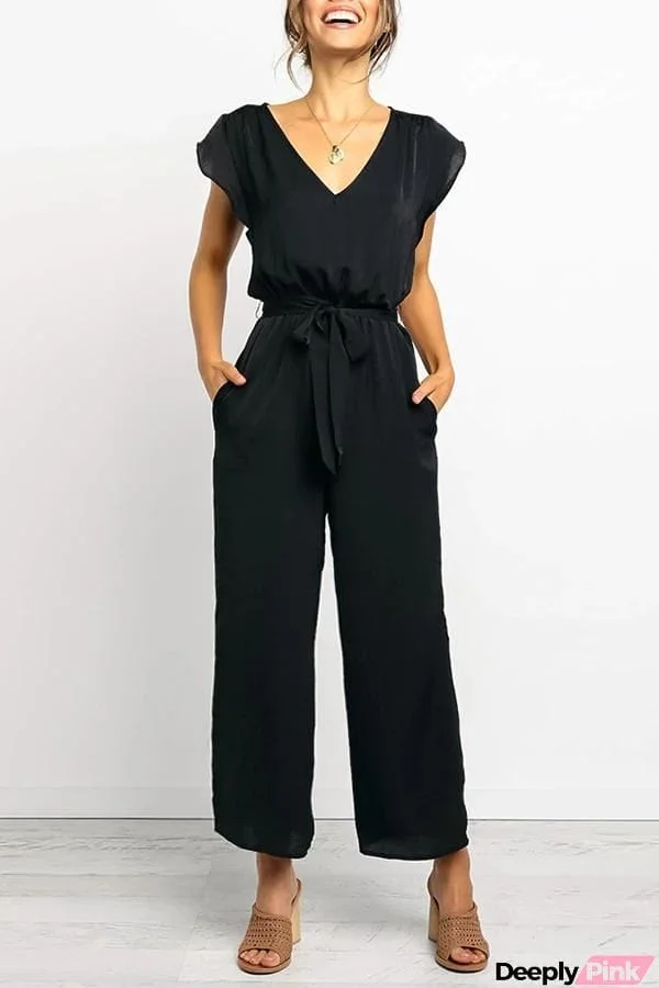 Basic Chiffon Lace Up V Neck Jumpsuit