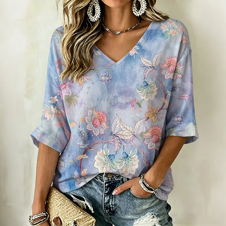 Women's Vintage Floral Art Print Flowy Linen Blend  Mid-length Sleeve Linen Tops
