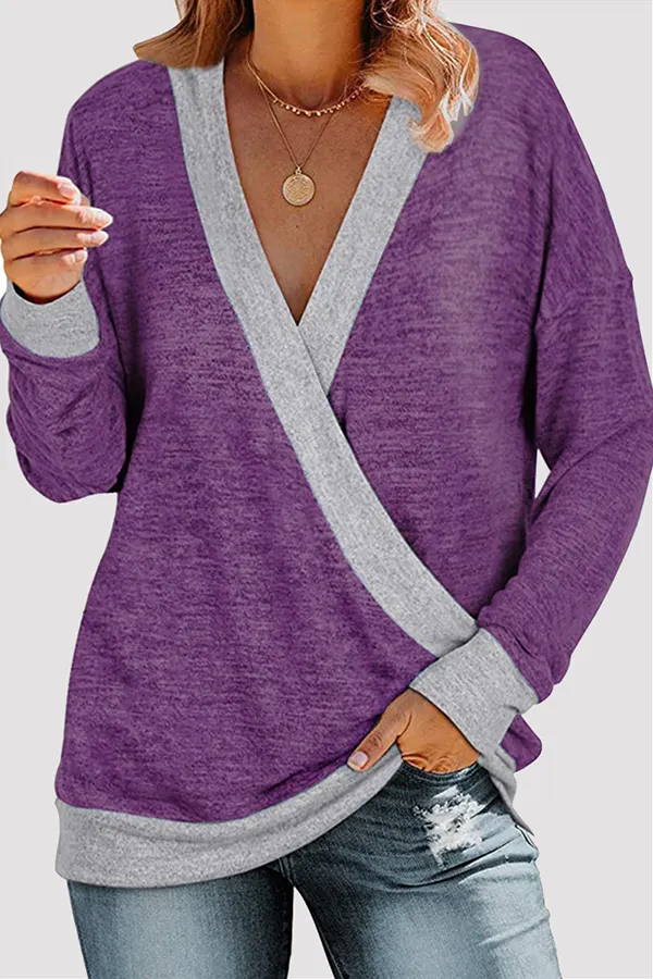 Casual Patchwork Basic Contrast V Neck Tops