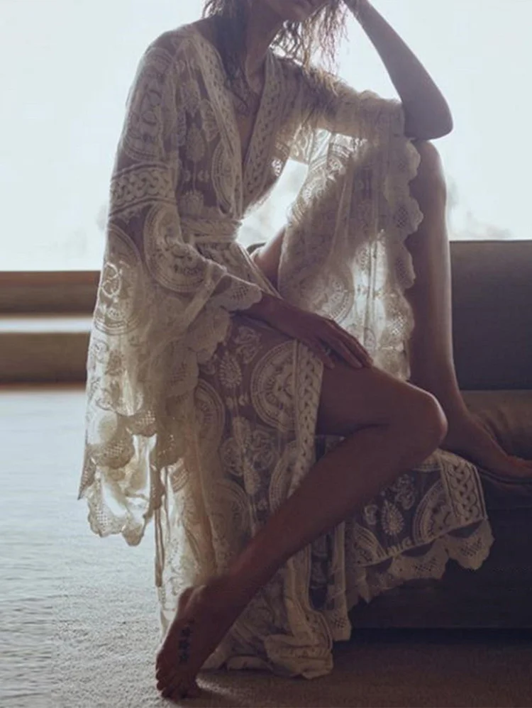 Vacation Elegant Lace Trumpet Sleeve Nightdress Bikini Cover Up