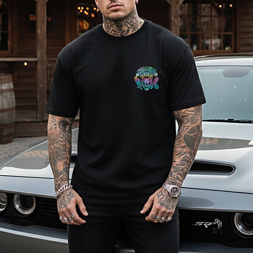 Reflective Laser Hellfire Club Logo Print Cotton T-Shirt