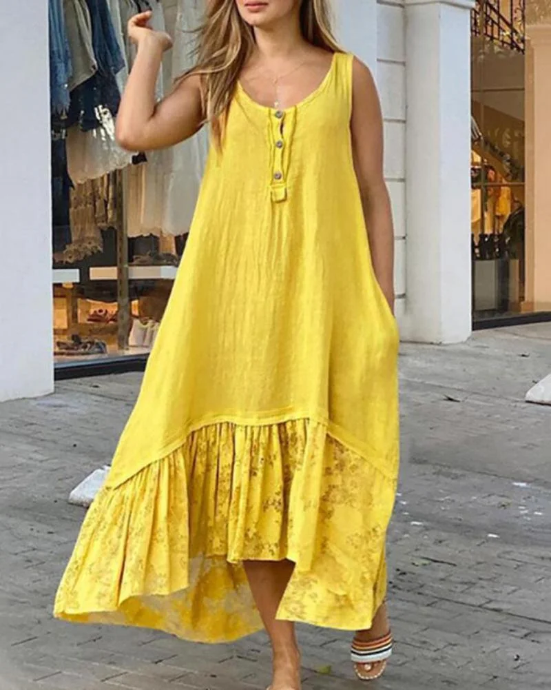 Solid color round neck lace patchwork irregular dress