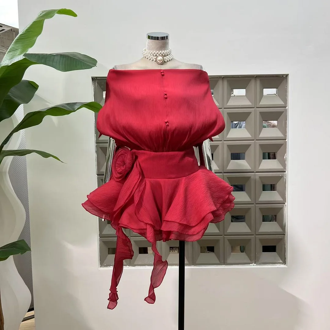 Zingj Vietnamese Niche Design Shoulder Bubble Yarn Three-Dimensional Flower Dress With The Same Color Shorts