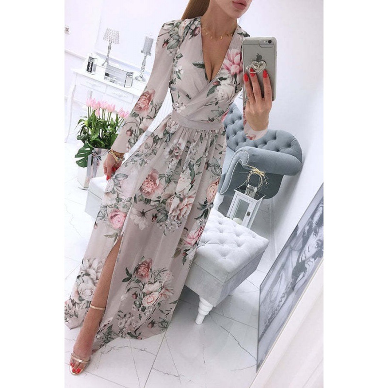 Searchwombat New Summer Long Dress Printed V-neck Chiffon Long-sleeved Dress Bohemian Style Full Skirt Dress