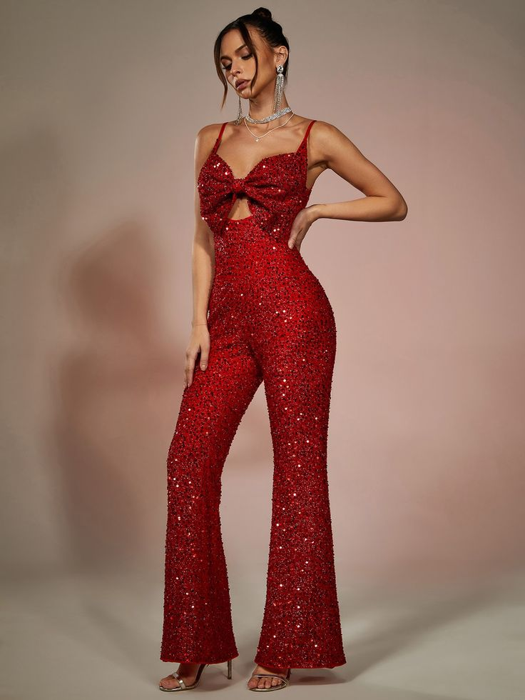 Lussooy Red Sequins Fashion Bow Neck Party Jumpsuit  