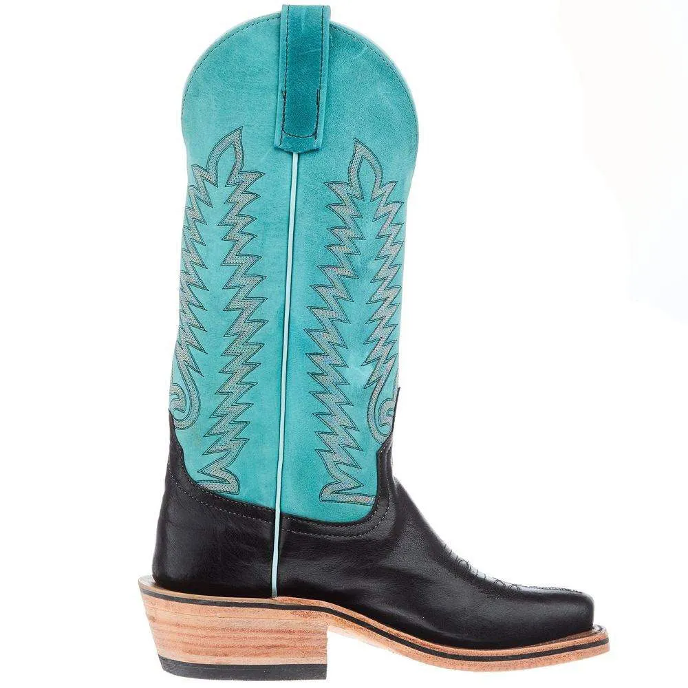 Black & Turquoise Embroidered Square Toe Stacked Heel Cowgirl Boots