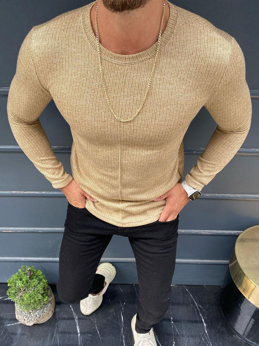 Men's Khaki Crew Neck Top