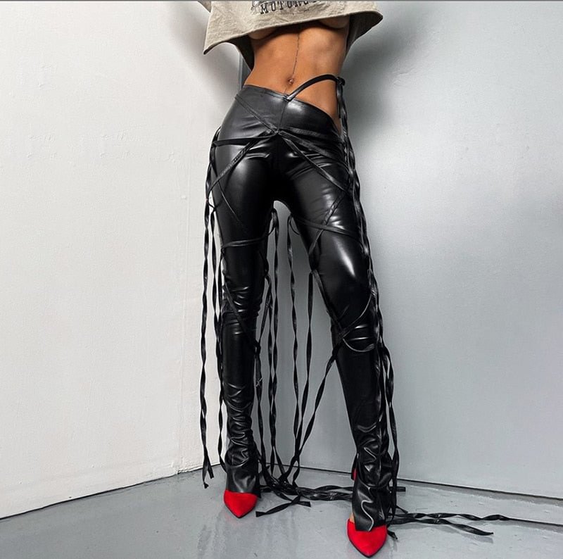 Lemishion Midnight Faux PU Leather Skinny Pants Ribbon Criss Cross Women High Waist Pencil Trousers Fashion Fall 2020 Clothing