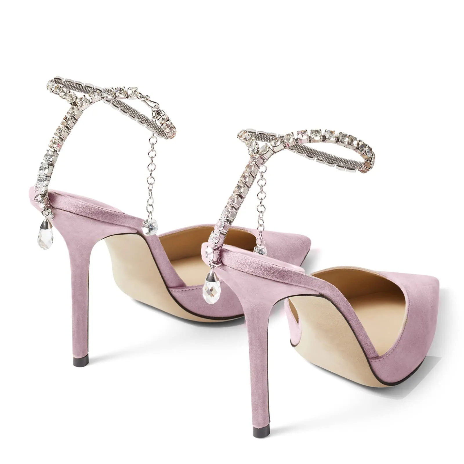 100mm Women's Sandals Crystal Chain Rhinestone Embellished Strap Suede Pumps Pointy Stilettos Backless Shoes-vocosishoes
