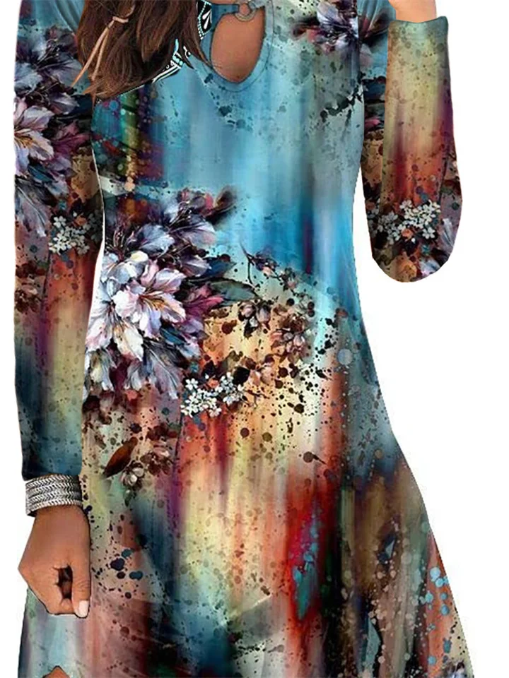 Women's Fashion Keyhole Flowing Casual Sweet Vintage Print Round Neck Long Sleeve Pocket Dress S M L XL 2XL | 168DEAL