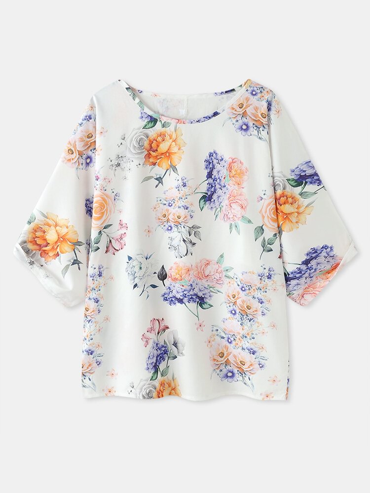 Calico Print Loose O neck Half Sleeve Casual T Shirt For Women P1843219