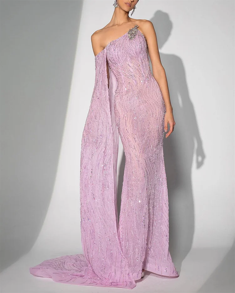 Women's Purple One Shoulder Sleeve Sequin Evening Dress