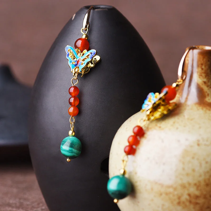 Malachite Bead Butterfly Protection Drop Earrings