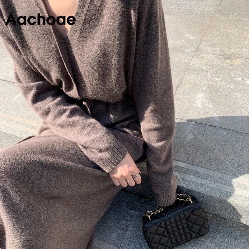 Aachoae Women Elegant Solid Midi Dress With Belt 2021 V Neck Korean Chic Dresses Long Sleeve Casual Knitted Sweater Dress Robe