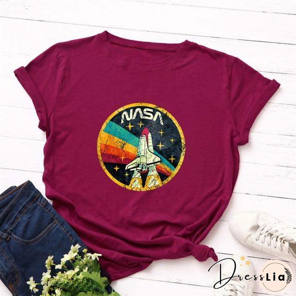 Summer Plus Size Shirt S-5XL New ROCKET Print TShirt Women 100%Cotton O Neck Short Sleeve Tees Casual Tops Woman TShirts
