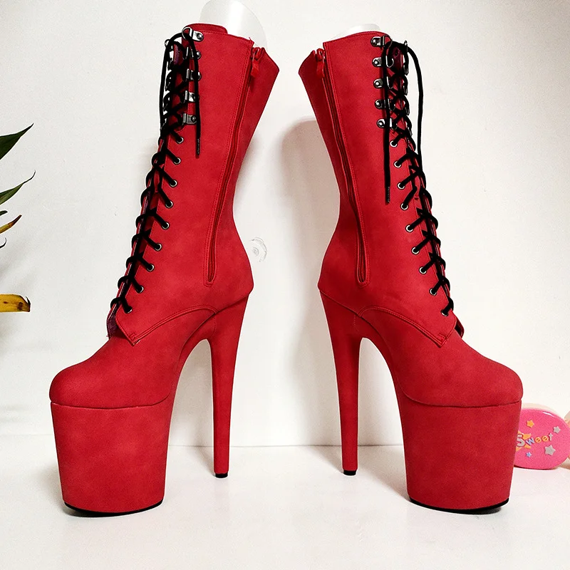 Women's Red Plus Size Sexy Platform Short Boots Suede Sexy Round Toe Pole dance Nightclub  Lace Up Ankle Mid Calf Boots Novameme