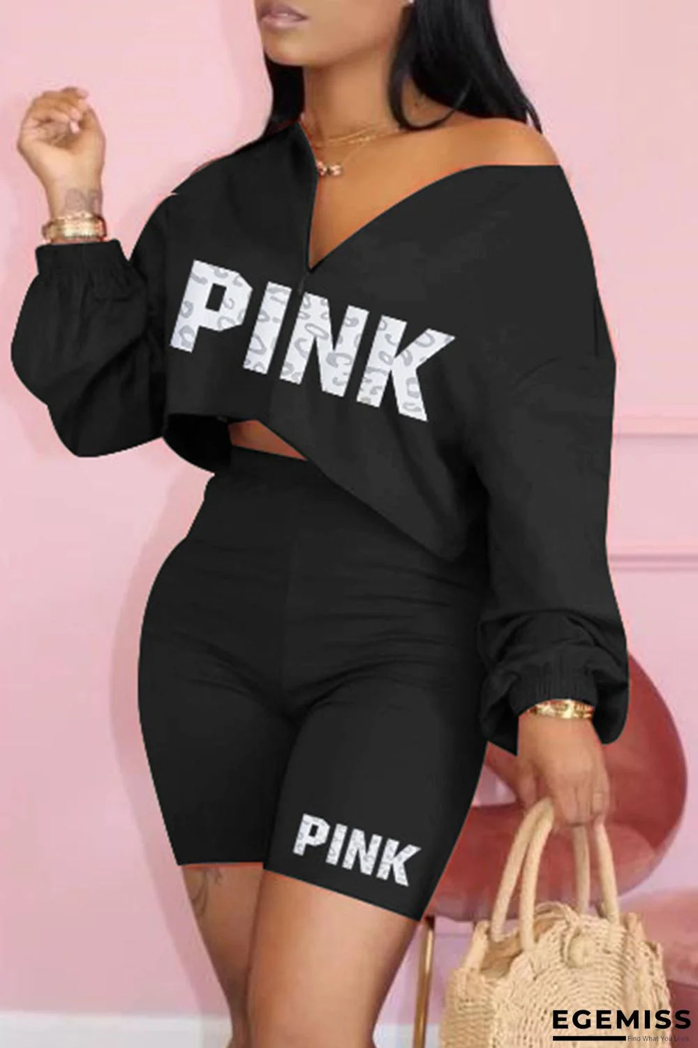 Black Fashion Casual Letter Print Basic V Neck Long Sleeve Two Pieces | EGEMISS