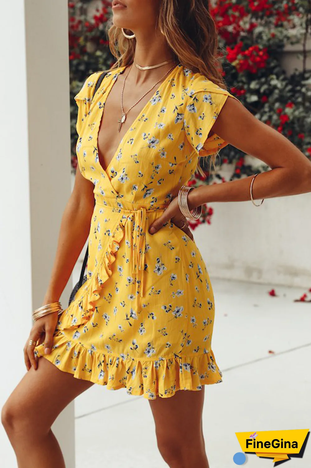 Street Print Frenulum V Neck Waist Skirt Dresses